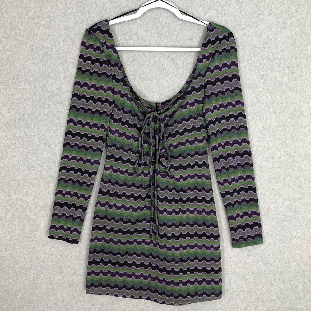 ZARA Dress Women Small Purple Green Mini Metallic Knit Cutout‎ Lace Up Retro Mod